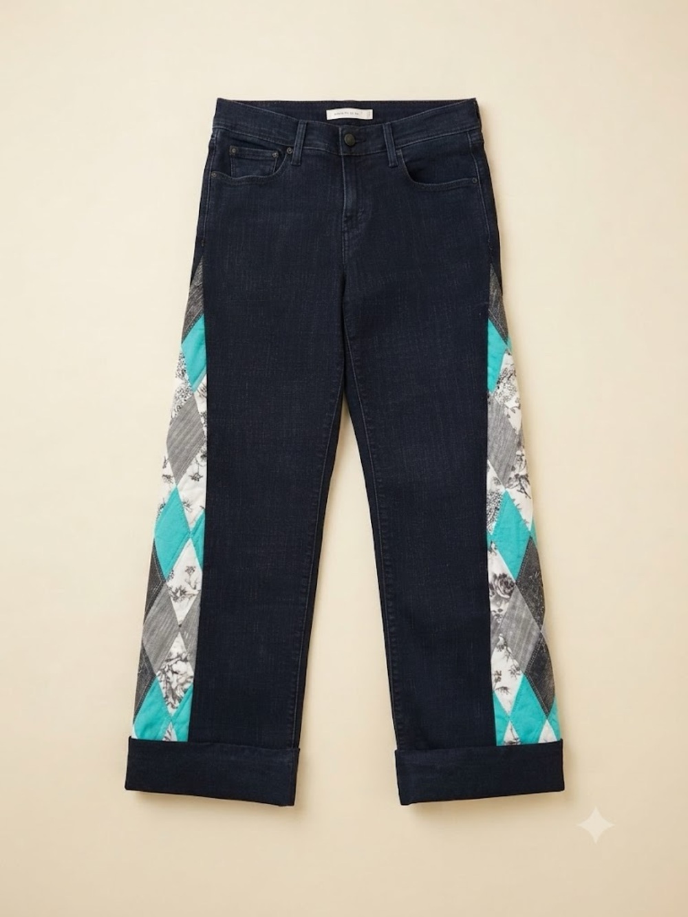 ✨UPCYCLED Wide Leg Argyle Quilted Side Panel Cuffed Levi’s 505 - Picture 2 of 10